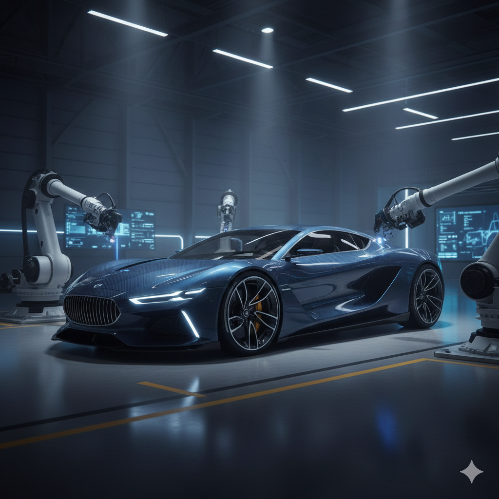 A highly detailed cinematic 3d render of an advanced futuristic luxury sports car prototype in a high-tech sleek hangar, dramatic lighting, volumetric fog, dark background, photorealistic 8k, automotive industry, no human, no woman